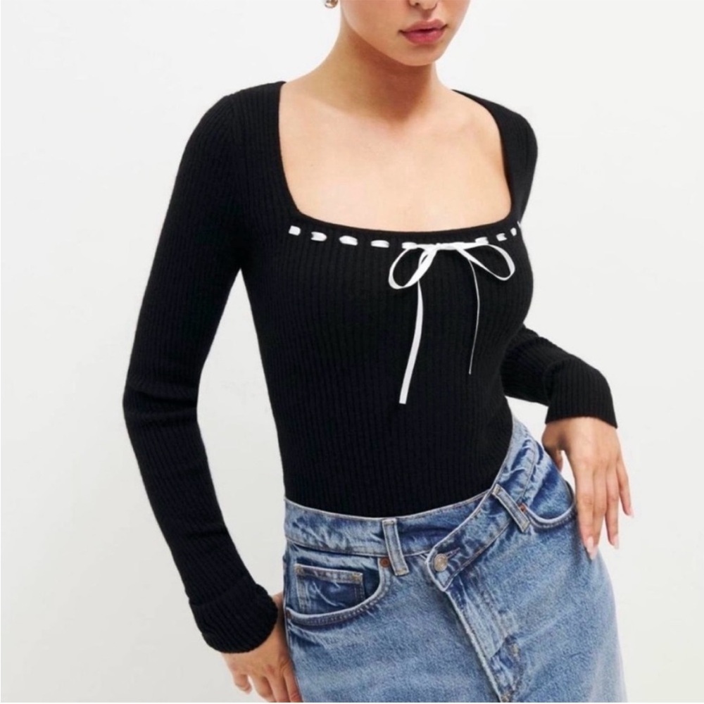 Reformation black sweater with with white bow detail